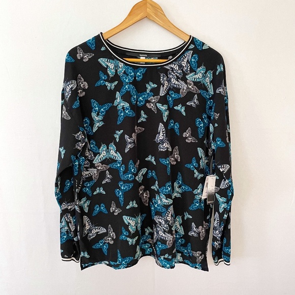 Kensie Tops - KENSIE Size Lg Teal & White Butterflies on Black Long Sleeve Boxy Crew Neck Top